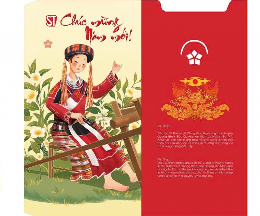 Каждый красный конверт имеет две стороны: Одна содержит изображения о девушках этнических меньшинств, а другая - информацию о той же народности на двух языках: вьетнамском и английском. Фото: hanoimoi.vn