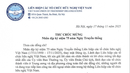 Поздравительное письмо Председателя Союза обществ дружбы Вьетнама