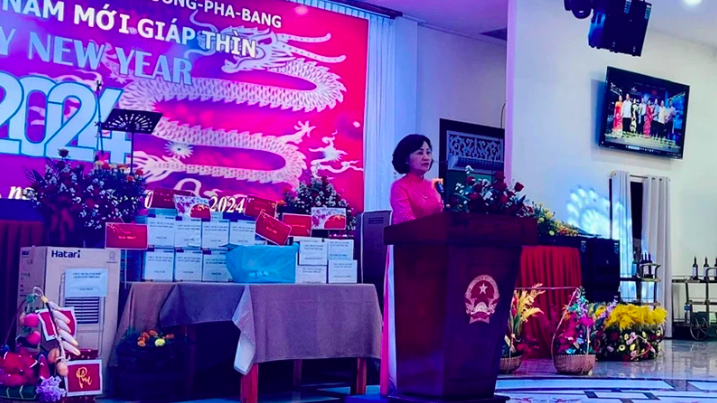 Генеральный консул Вьетнама в Лаосе Киеу Тхи Ханг Фук выступает на мероприятии. Фото: Генеральное консульство Вьетнама в провинции Луангпрабанг / ВИА)
