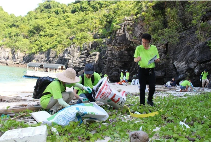Группы волонтеров убирают мусор на островах залива Халонг. Фото: Хунг Во / Вьетнам+