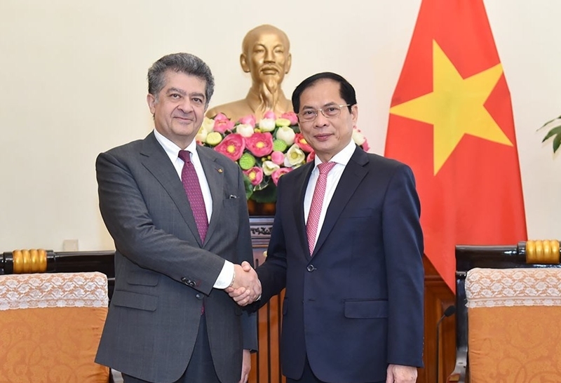 Министр иностранных дел СРВ Буй Тхань Шон и посол Армении во Вьетнама Ваграм Кажоян. Фото: КПВ