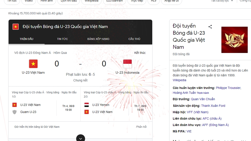 Google запустил фейерверк в честь победы сборной Вьетнама по футболу среди юношей в возрасте до 23 лет