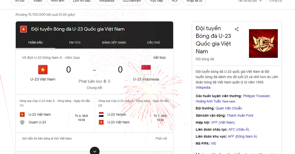 Google запустил фейерверк в честь победы сборной Вьетнама по футболу среди юношей в возрасте до 23 лет