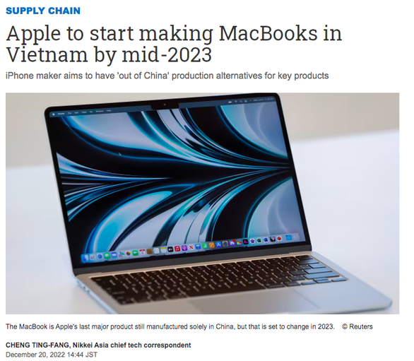 Компания Apple планирует производить MacBook во Вьетнаме в 2023 году