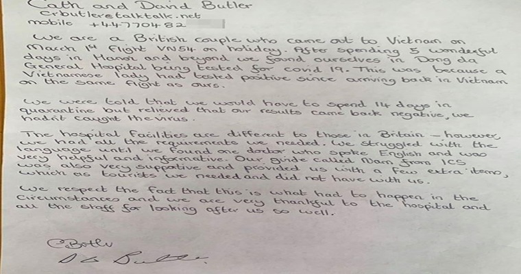 Два британских туриста написали благодарное письмо вьетнамским врачам после 14 дней изоляции в Ханое