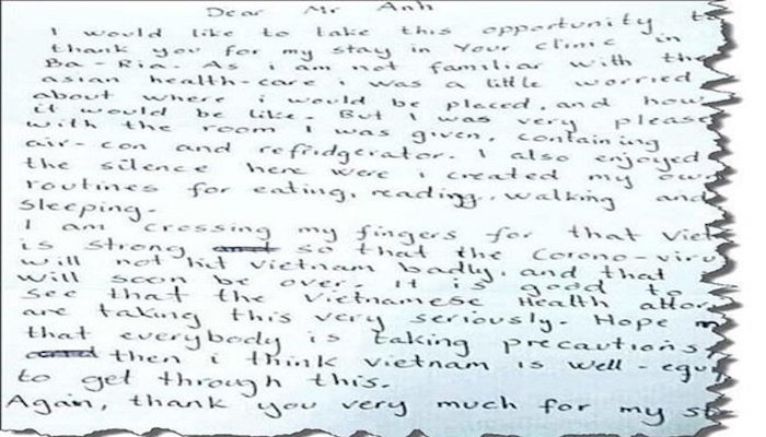Норвежец написал благодарное письмо вьетнамским медработникам после завершения срок карантины в Бариа-Вунгтау